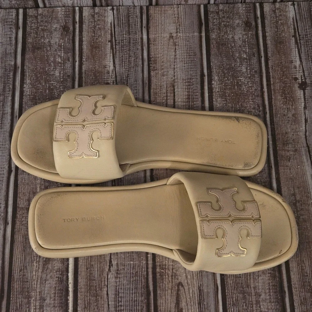 Sz 8.5 Tory Burch Double T Sport Slide Dolce De Leche Leather Logo Sandals